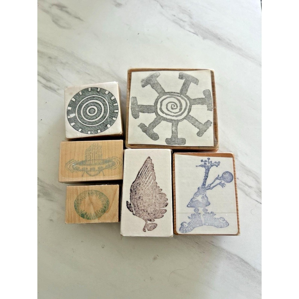 6 Wooden Rubber Stamps Targets Wheel Leaf Giraffe Spaceship Weird Items III